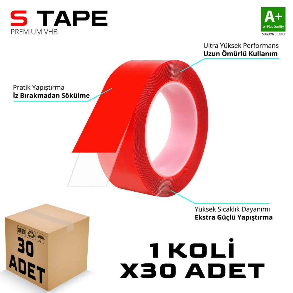 Drs Tuning Çift Taraflı Bant 20mm x 5 Metre Şeffaf Silikon VHB Bant 30'lu Koli A+Kalite