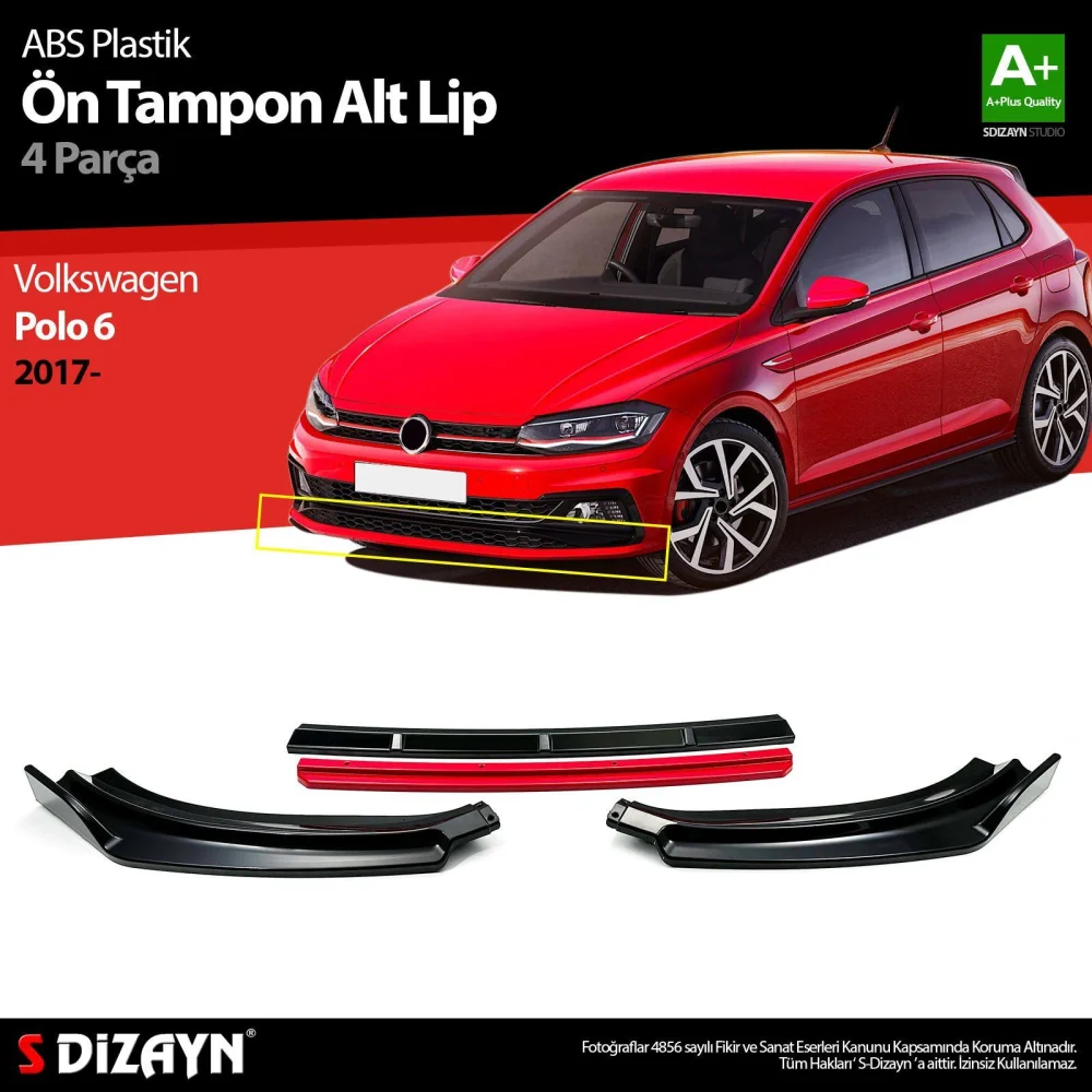 Drs Tuning Polo Uyumlu 6 ABS Plastik Ön Tampon Alt Lip Kırmızı Ekli 4 Parça. 2017 Üzeri A+Kalite Parça