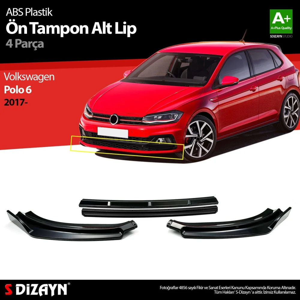 Volkswagen Polo Uyumlu 6 ABS Plastik Ön Tampon Alt Lip Siyah Ekli 4 Parça. 2017 Üzeri A+Kalite Parça