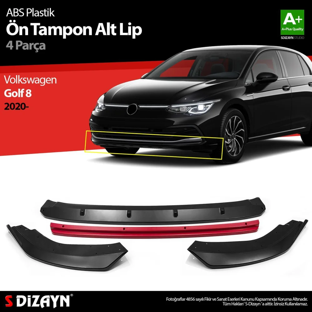 Drs Tuning Golf Uyumlu 8 ABS Plastik Ön Tampon Alt Lip Kırmızı Ekli 4 Parça. 2020 Üzeri A+Kalite Parça