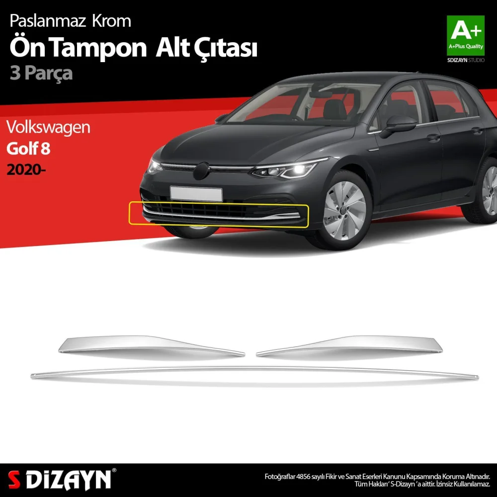 Drs Tuning VW Golf 8 HB Krom Ön Tampon Alt Çıtası 3 Prç. 2020-2024