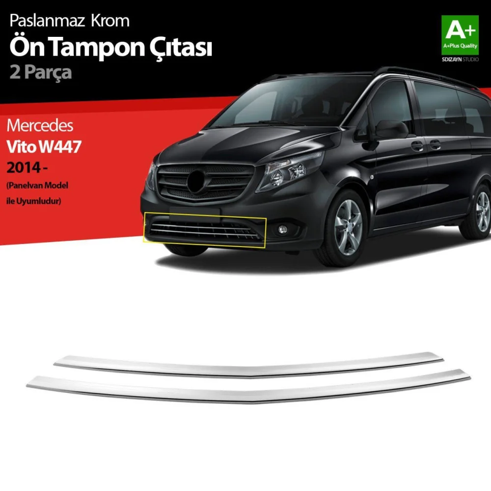 Mercedes Vito Uyumlu W447 Krom Ön Tampon Çıtası 2 Parça. 2014 Üzeri Panelvan