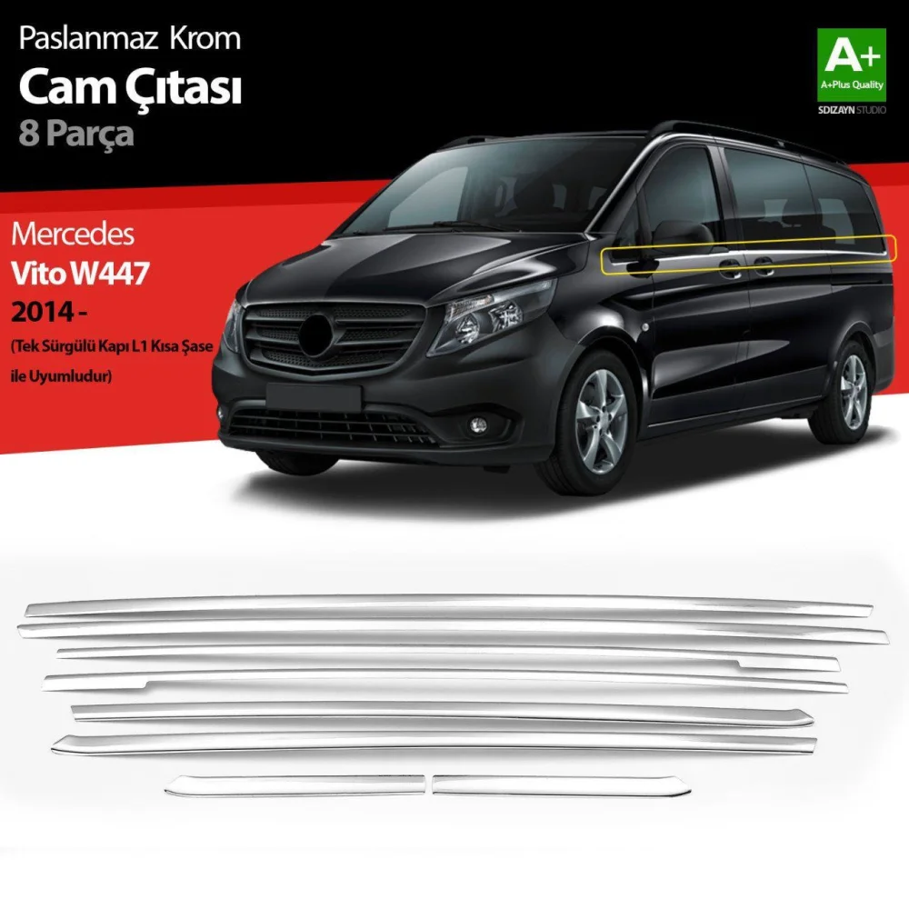 Mercedes Vito Uyumlu W447 Krom Cam Alt Çıtaları 8 Parça. (Tek Sürgülü Kapı-L1 Kısa Şasi) 2014