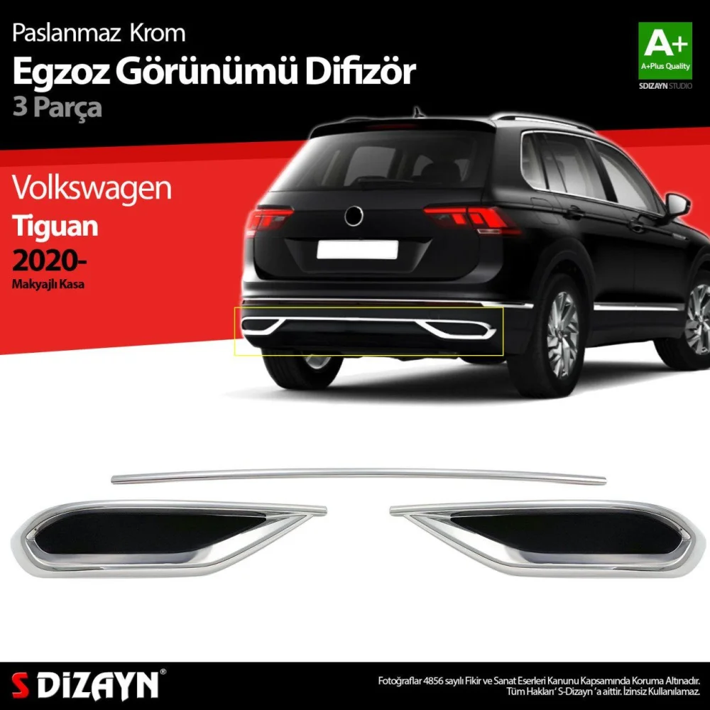 Drs Tuning VW Tiguan Krom Egzoz Görünümü Difüzör 3 Parça 2020-2024 A+Kalite