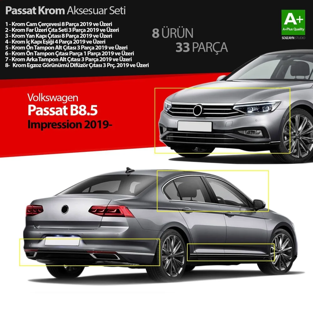 Drs Tuning Passat Uyumlu B8.5 İmpression Krom Aksesuar Seti 33 Parça S Dizayn A+Kalite