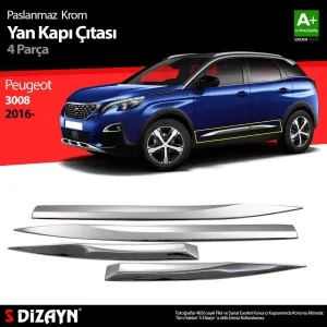 S-Dizayn Peugeot 3008 Krom Yan Kapı Çıtası 4 Prç. 2016-2023Araca &Ouml;zel Krom Aksesuar&Uuml;r&uuml;n &Ouml;zellikleri:Krom &uuml;r&uuml;nler ara&ccedil; &uuml