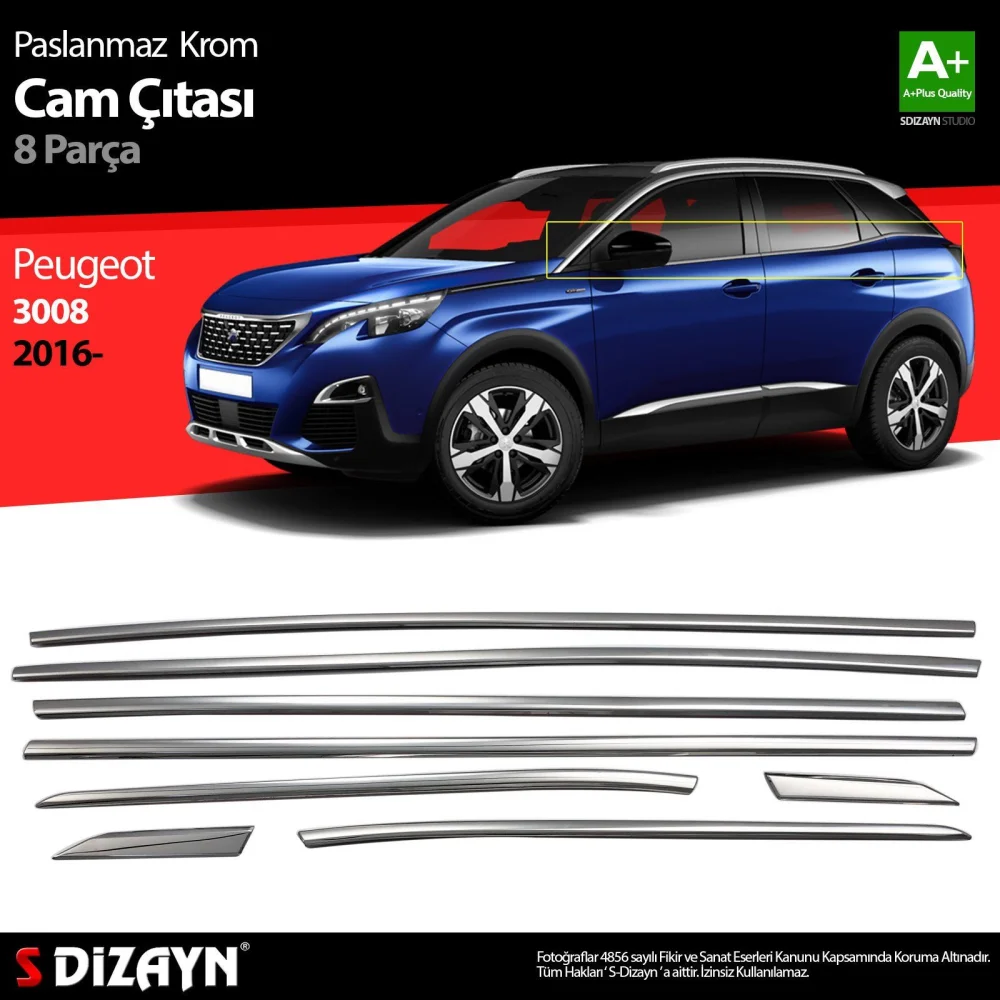 Drs Tuning Peugeot 3008 Krom Cam Çıtası 8 Prç. 2016-2023