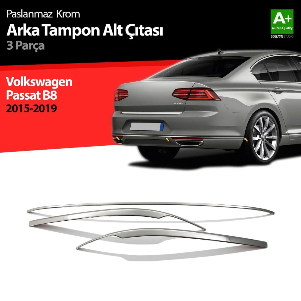 Volkswagen Passat Uyumlu B8 Krom Arka Tampon Alt Çıtası 3 Parça 2015 Üzeri