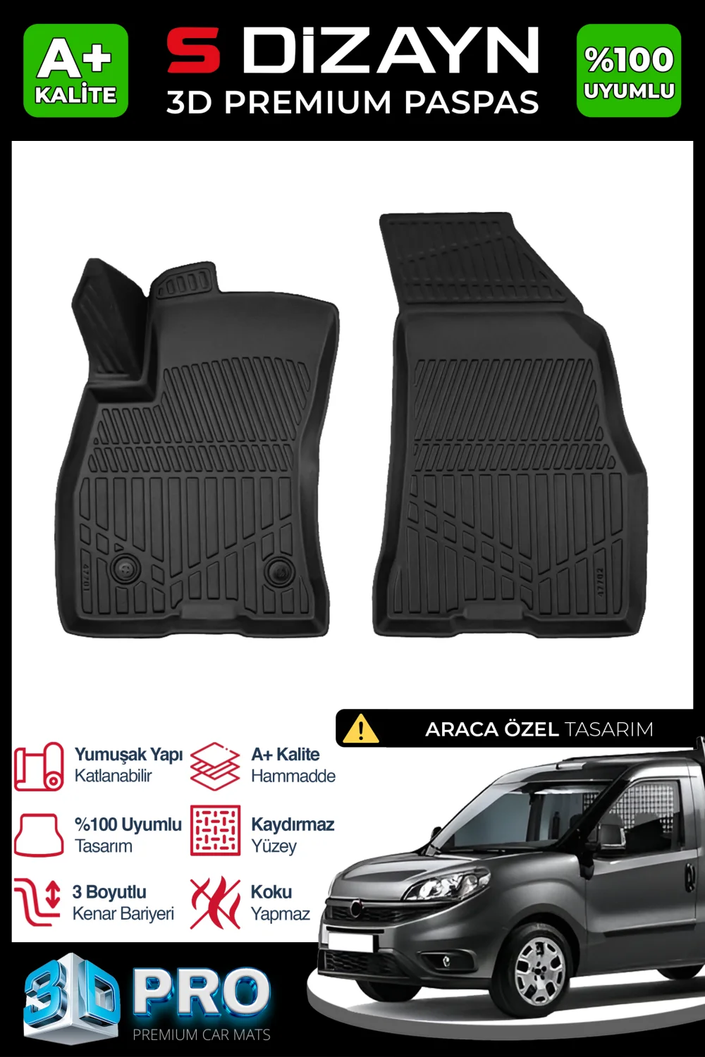 Drs Tuning Fiat Pratico Panelvan 3D Pro Havuzlu Paspas Ön 2'Li 2010 Üzeri A+ Kalite