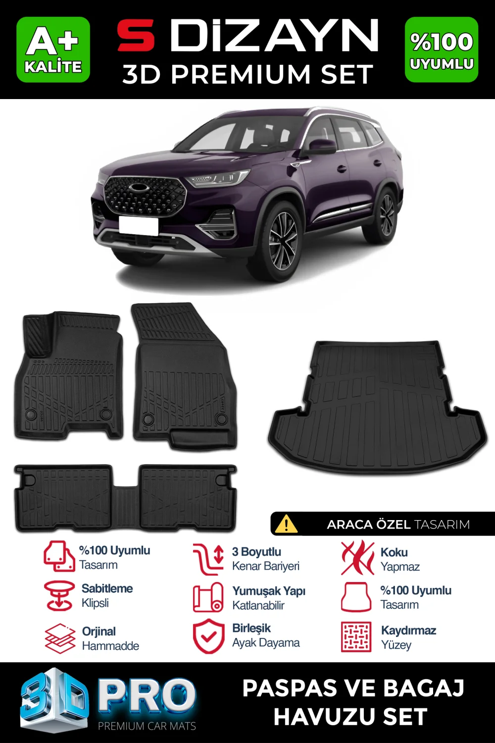 Drs Tuning Chery Tiggo 8 Pro 3D Pro Havuzlu Paspas ve Bagaj Havuzu Seti (2'li SET) 2022-2025 A+ Kalite