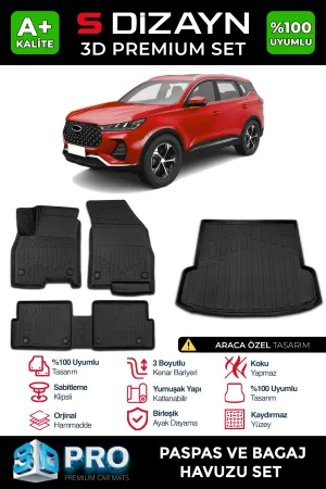 Chery Tiggo 7 uyumlu Pro 3D Pro Havuzlu Paspas ve Bagaj Havuzu (2'li SET) 2022-2025 A+ Kalite modelleri DRS Tuning'de. Kaliteli malzeme, hızlı kargo ve güvenli