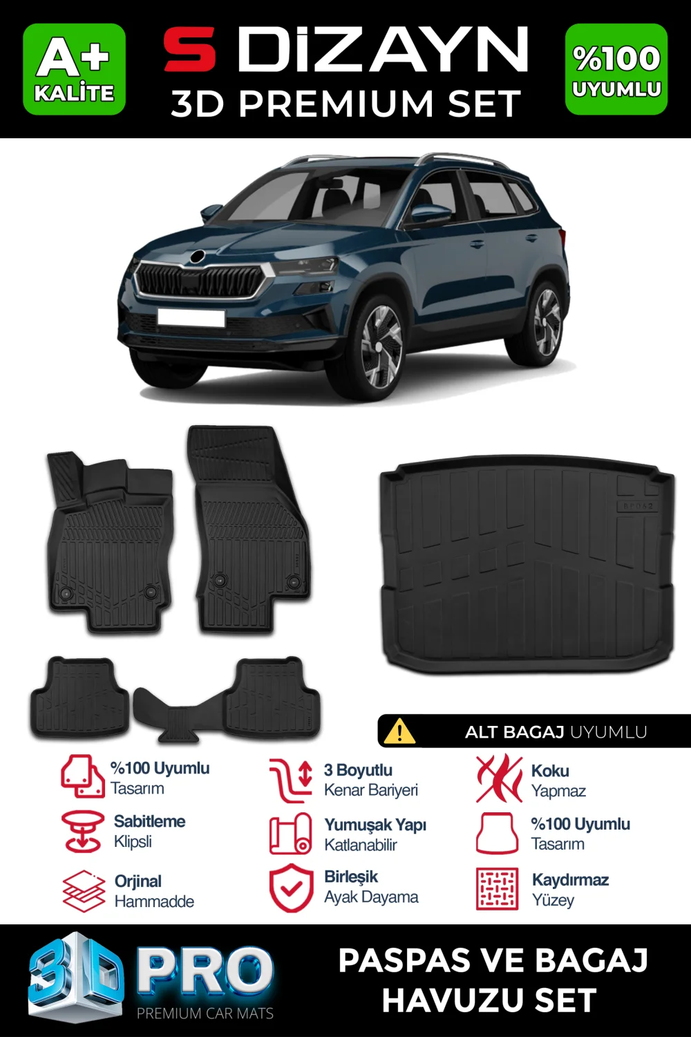 S-Dizayn Skoda Karoq 3D Pro Havuzlu Paspas ve Alt Bagaj Havuzu Seti (2'li SET) 2018 Üzeri A+ Kalite
