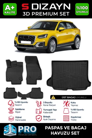 Audi Q2 2016-Günümüz (GA) uyumlu 3D Pro Havuzlu Paspas ve Üst Bagaj Havuzu (2'li SET) 2017-2023 A+ Kalite modelleri DRS Tuning'de. Kaliteli malzeme, hızlı