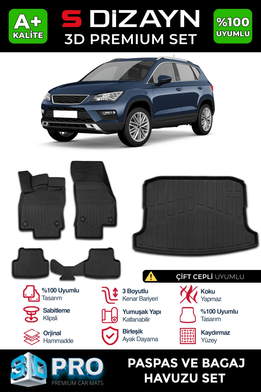 Drs Tuning Seat Ateca 3D Pro Havuzlu Paspas ve Çift Cepli Bagaj Havuzu Seti (2'li SET) 2016 Üzeri A+ Kalite