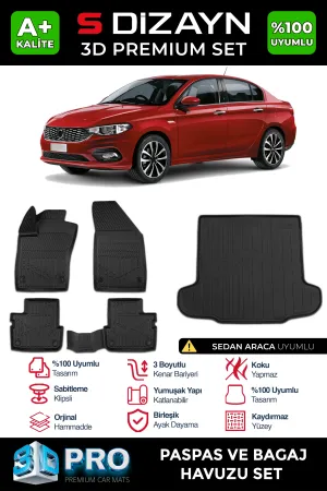 Fiat Egea Sedan 2015-Günümüz (Type 356) uyumlu Sedan 3D Pro Havuzlu Paspas ve Bagaj Havuzu (2'li SET) 2015 Üzeri A+ Kalite modelleri DRS Tuning'de. Kaliteli