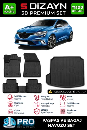 S-Dizayn Renault Megane 4 Sedan 3D Pro Havuzlu Paspas ve Sol Kulak Paspas Bagaj Havuzu Seti (2'li SET)  2016-2021 A+ Kalite thumb 1