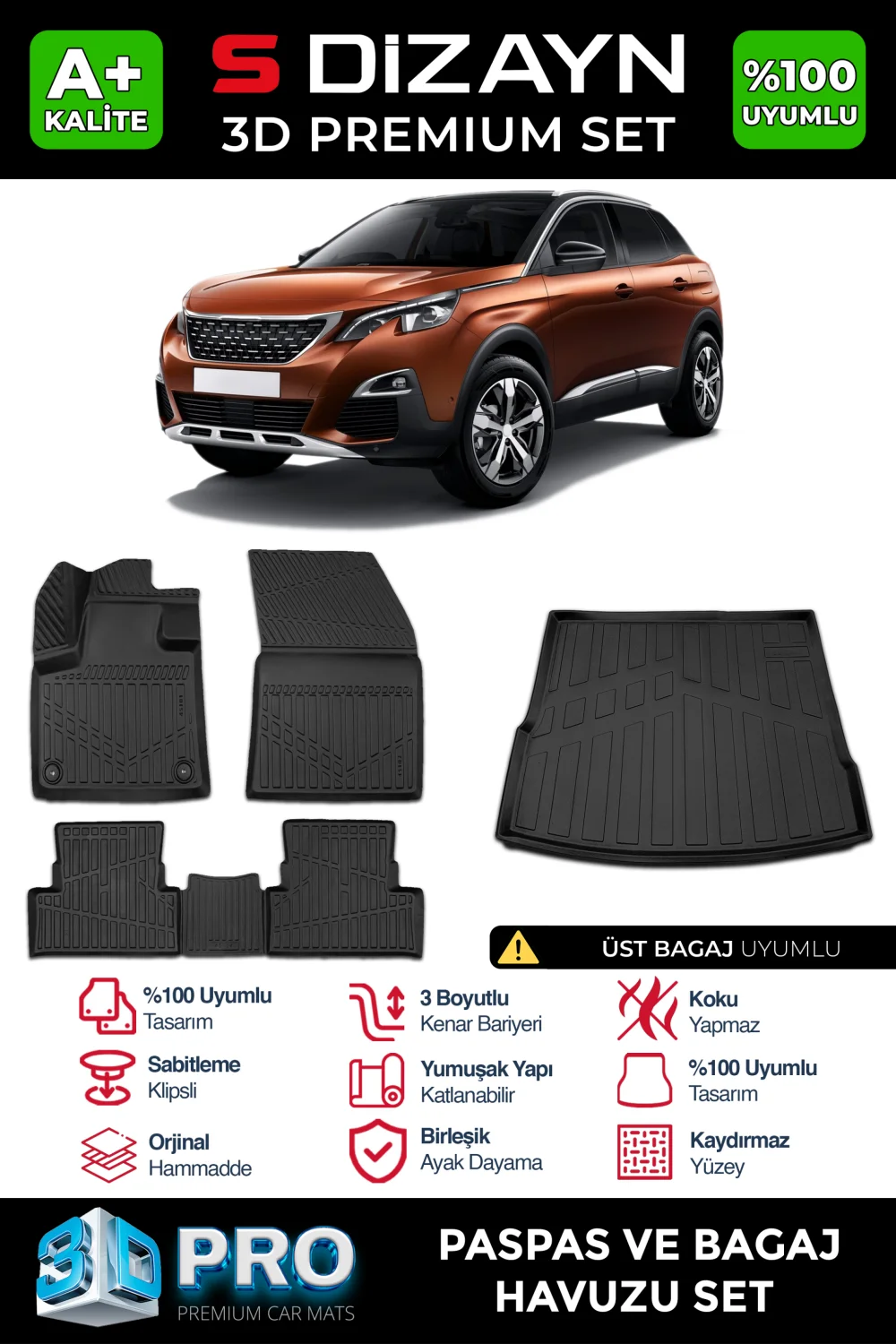Drs Tuning Peugeot 3008 3D Pro Havuzlu Paspas ve Üst Bagaj Havuzu Seti (2'li SET) 2016-2023 A+ Kalite