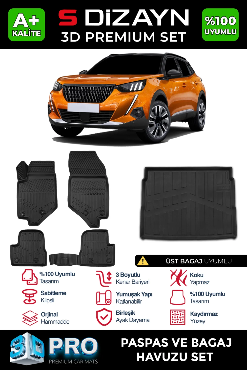 Drs Tuning Peugeot 2008 3D Pro Havuzlu Paspas ve Üst Bagaj Havuzu Seti (2'li SET) 2019-2023 A+ Kalite