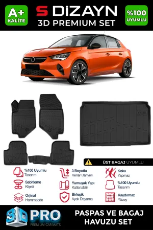 Opel Corsa 2019-Günümüz (F) uyumlu F 3D Pro Havuzlu Paspas ve Üst Bagaj Havuzu (2'li SET) 2019 Üzeri A+ Kalite modelleri DRS Tuning'de. Kaliteli malzeme, hızlı