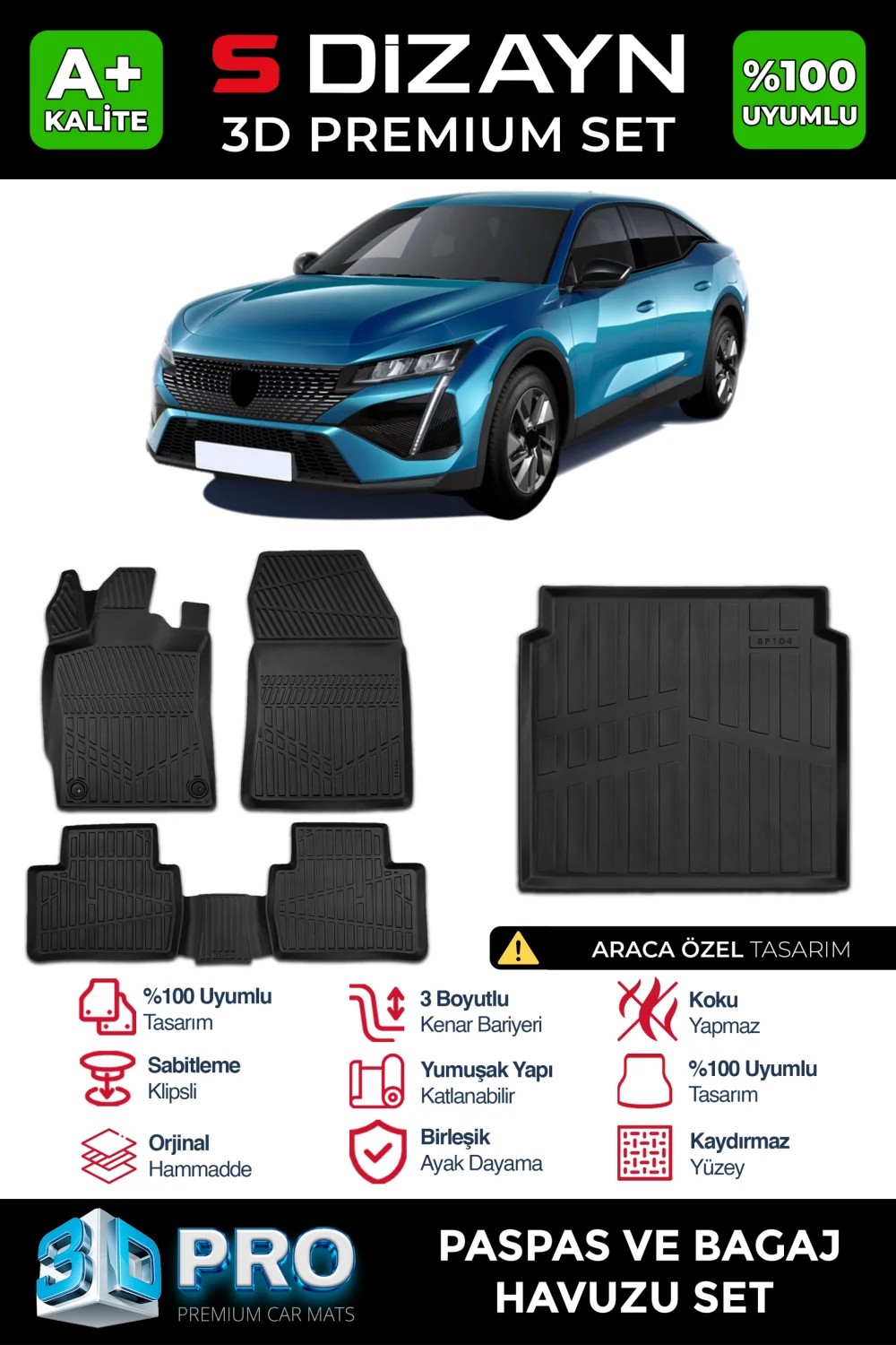 Drs Tuning Peugeot 408 3D Pro Havuzlu Paspas ve Bagaj Havuzu Seti (2'li SET) 2023 Üzeri A+ Kalite