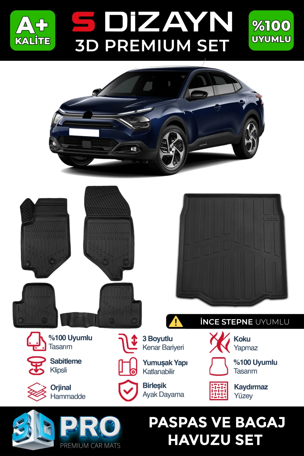 Drs Tuning Citroen C4X 3D Pro Havuzlu Paspas ve Bagaj Havuzu Seti (2'li SET) İnce Stepne 2023 Üzeri A+ Kalite
