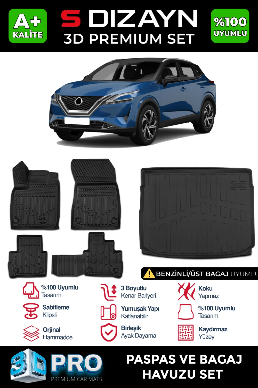 Nissan Qashqai 1.3 3D Pro Havuzlu Paspas ve Bagaj Havuzu Seti (2'li SET) 2021 Üzeri A+ Kalite