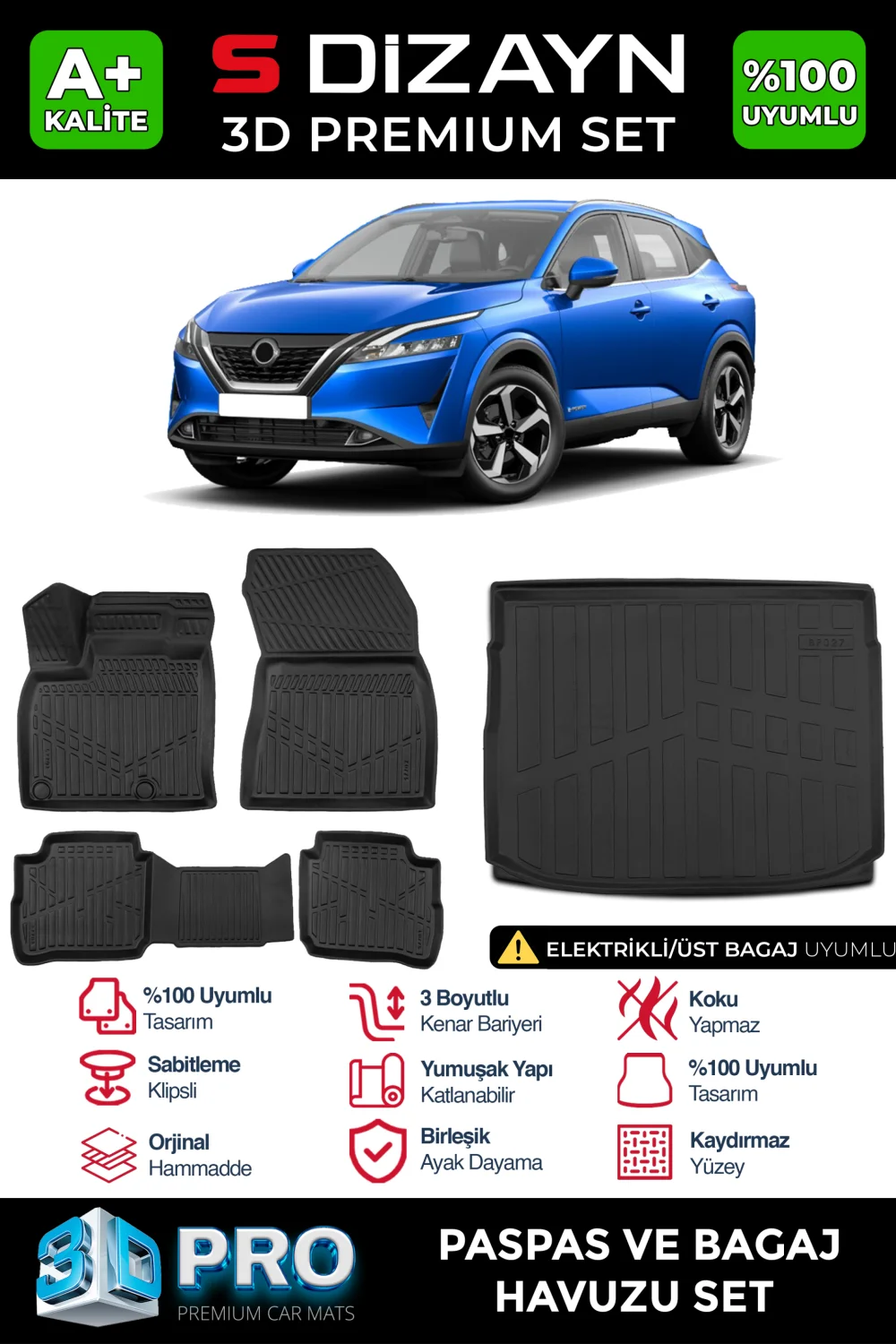 Drs Tuning Nissan Qashqai E-Power 3D Pro Havuzlu Paspas ve Üst Bagaj Havuzu Seti (2'li SET) 2021 Üzeri A+ Kalite