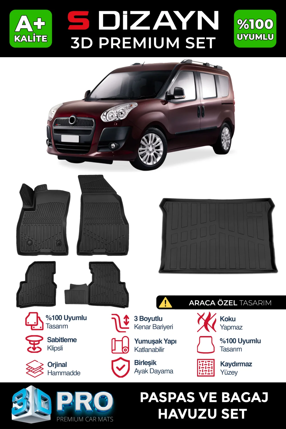 S-Dizayn Fiat Doblo Geniş Aile 3D Pro Havuzlu Paspas ve Bagaj Havuzu Seti (2'li SET) 2010-2022 A+ Kalite