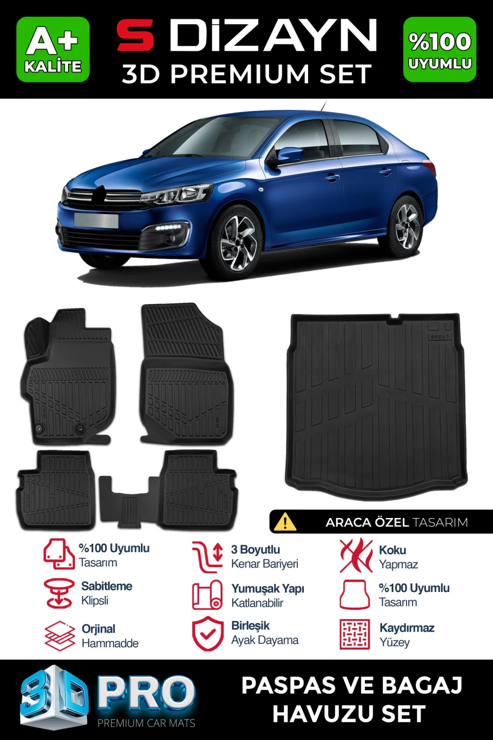 S-Dizayn Citroen C-Elysee 3D Pro Havuzlu Paspas ve Bagaj Havuzu Seti (2'li SET) 2012-2017 A+ Kalite