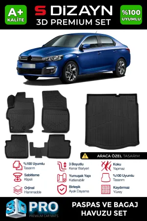 S-Dizayn Citroen C-Elysee 3D Pro Havuzlu Paspas ve Bagaj Havuzu Seti (2'li SET) 2012-2017 A+ Kalite thumb 1