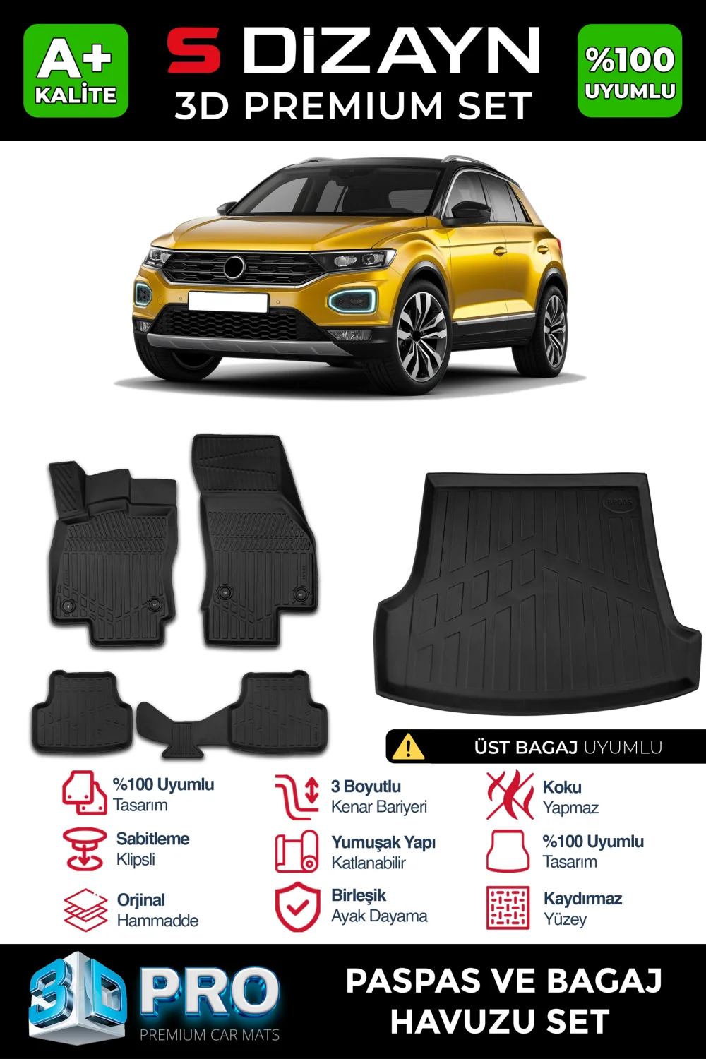 Drs Tuning VW T-Roc 3D Pro Havuzlu Paspas ve Üst Bagaj Havuzu Seti (2'li SET) 2019-2025 A+ Kalite