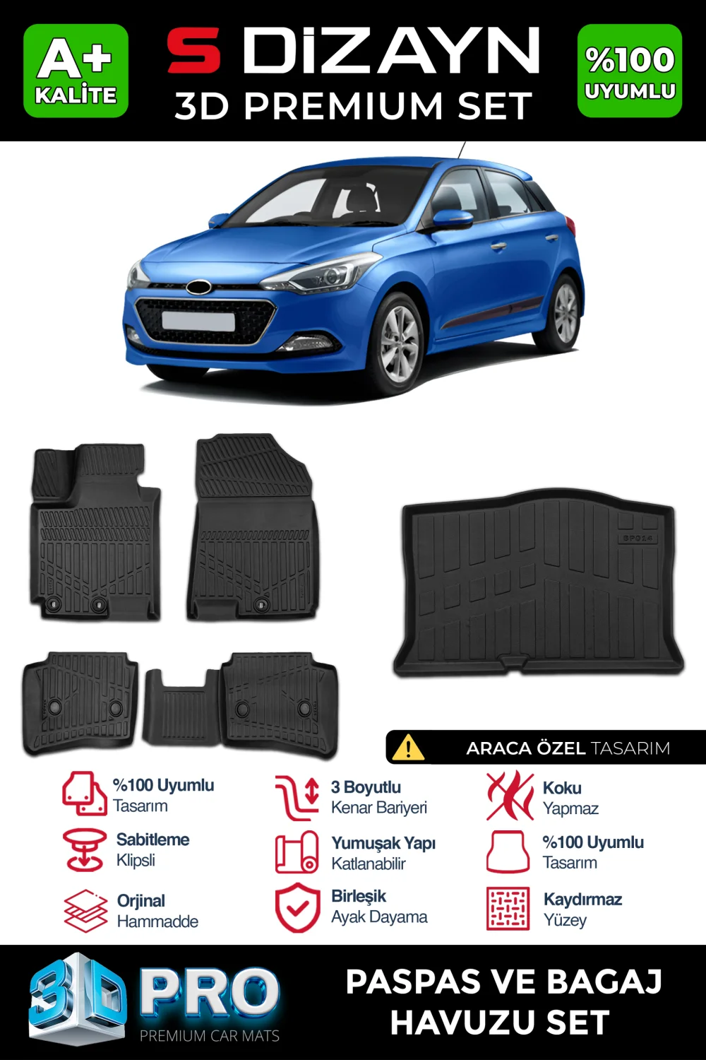 Drs Tuning Hyundai i20 3D Pro Havuzlu Paspas ve Bagaj Havuzu Seti (2'li SET) 2014-2020 A+ Kalite