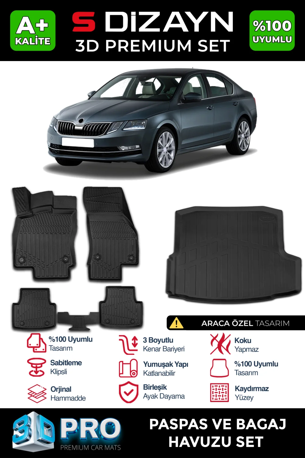 Drs Tuning Skoda Octavia 3D Pro Havuzlu Paspas ve Bagaj Havuzu Seti (2'li SET) 2013-2017 A+ Kalite