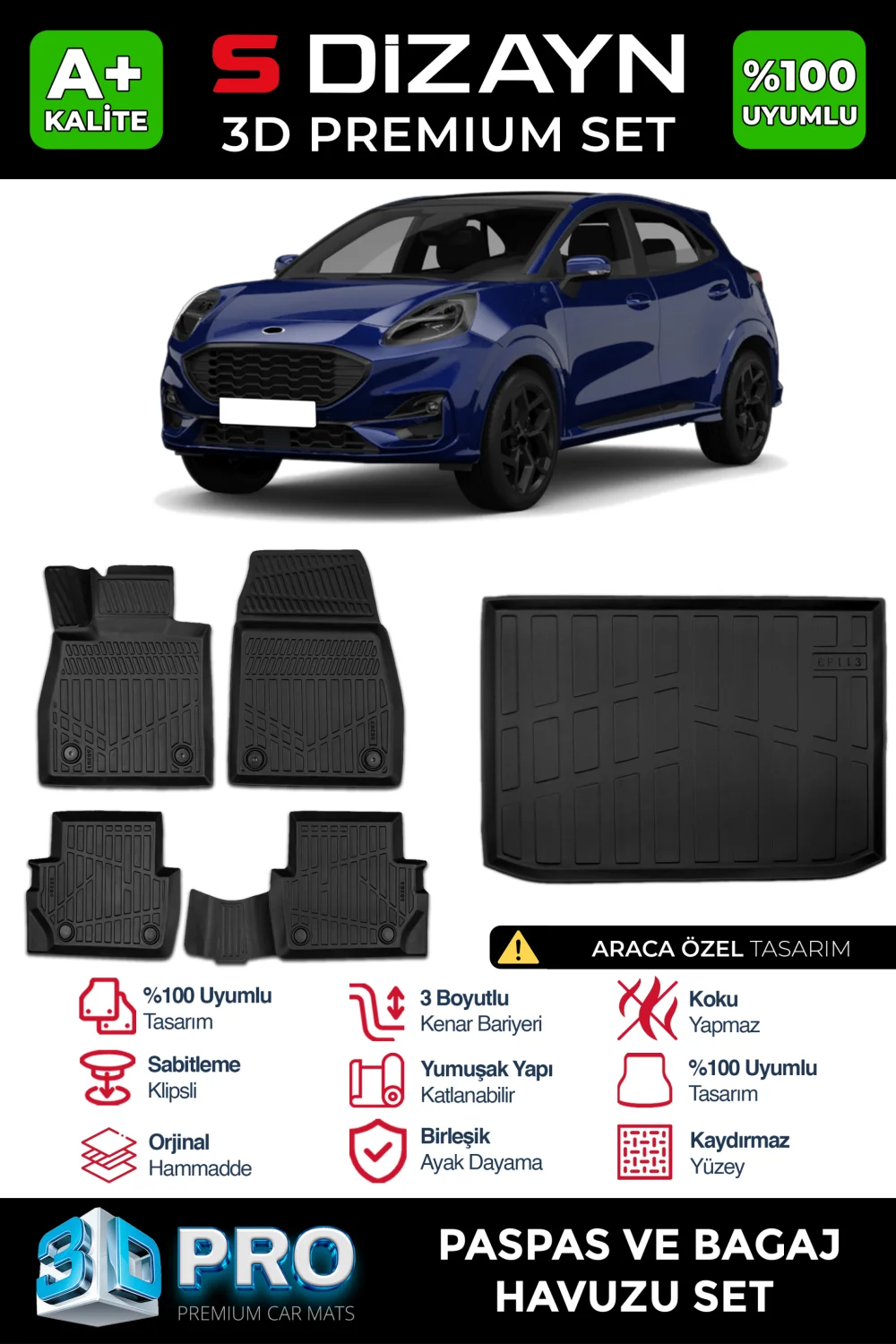 Drs Tuning Ford Puma 3D Pro Havuzlu Paspas ve Bagaj Havuzu Seti (2'li SET) 2019 Üzeri A+ Kalite