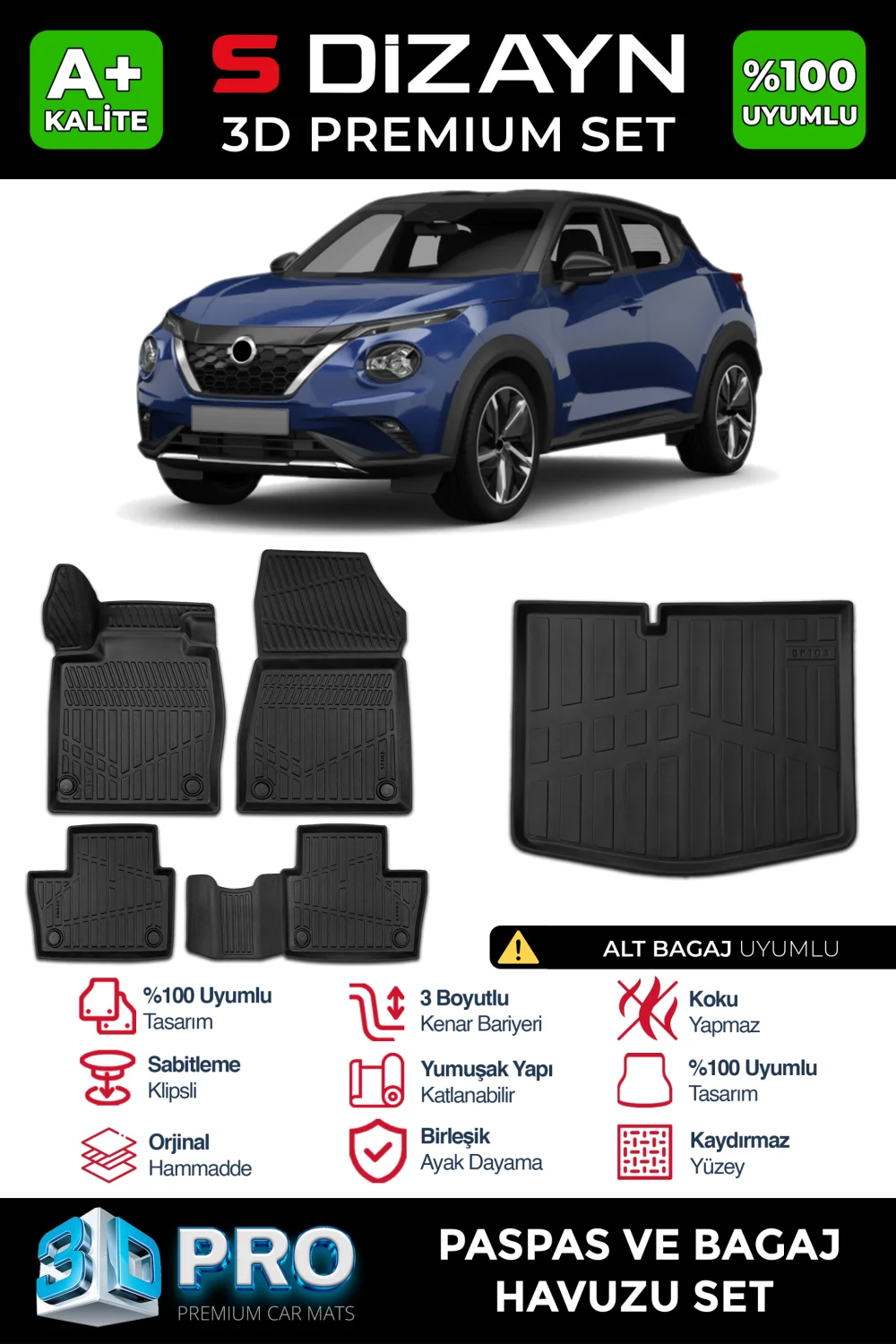 Drs Tuning Nissan Juke 3D Pro Havuzlu Paspas ve Alt Bagaj Havuzu Seti (2'li SET) 2019 Üzeri A+ Kalite