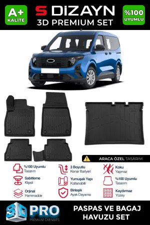 Ford uyumlu Courier 3D Pro Havuzlu Paspas ve Bagaj Havuzu (2'li SET) 2023 Üzeri A+ Kalite modelleri DRS Tuning'de. Kaliteli malzeme, hızlı kargo ve güvenli