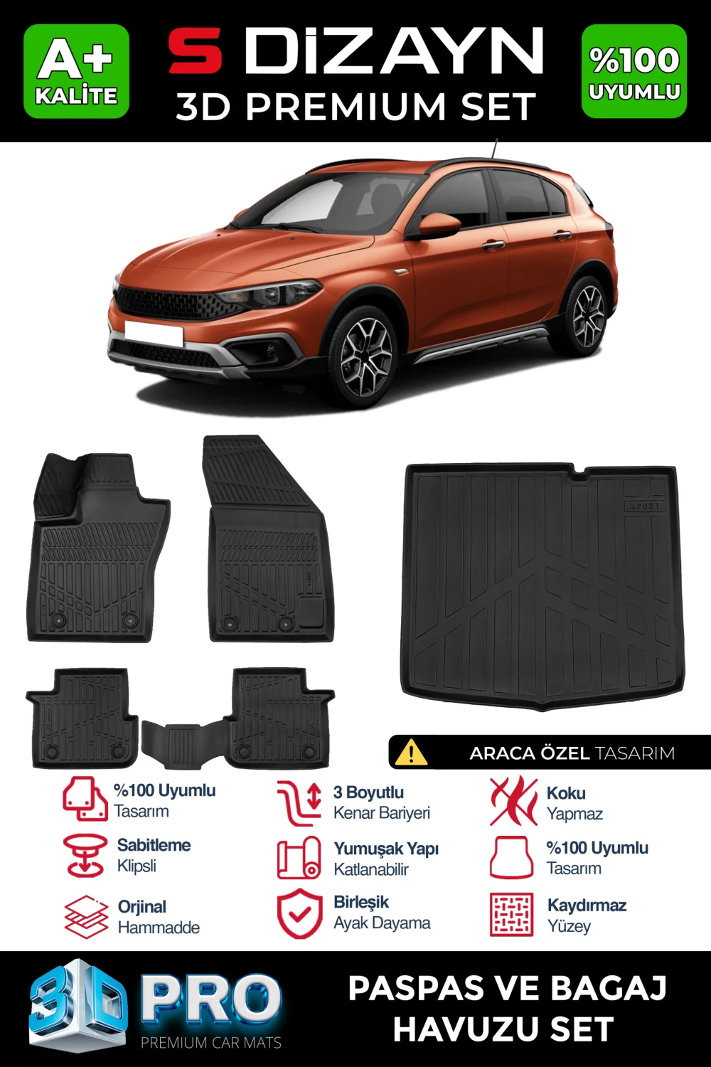 S-Dizayn Fiat Egea Cross 3D Pro Havuzlu Paspas ve Bagaj Havuzu Seti (2'li SET) 2020 Üzeri A+ Kalite