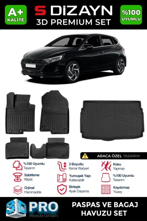 Hyundai i20 2020-Günümüz (BC3) uyumlu 3D Pro Havuzlu Paspas ve Bagaj Havuzu (2'li SET) 2020 Üzeri A+ Kalite modelleri DRS Tuning'de. Kaliteli malzeme, hızlı