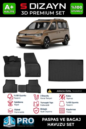 S-Dizayn VW Caddy 3D Pro Havuzlu Paspas ve Bagaj Havuzu Seti (2'li SET) 2020 Üzeri A+ Kalite thumb 1