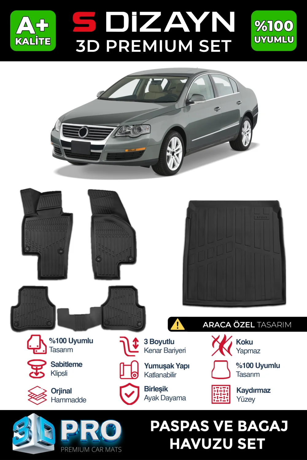 Drs Tuning VW Passat B6 3D Pro Havuzlu Paspas ve Bagaj Havuzu Seti (2'li SET) 2005-2010 A+ Kalite