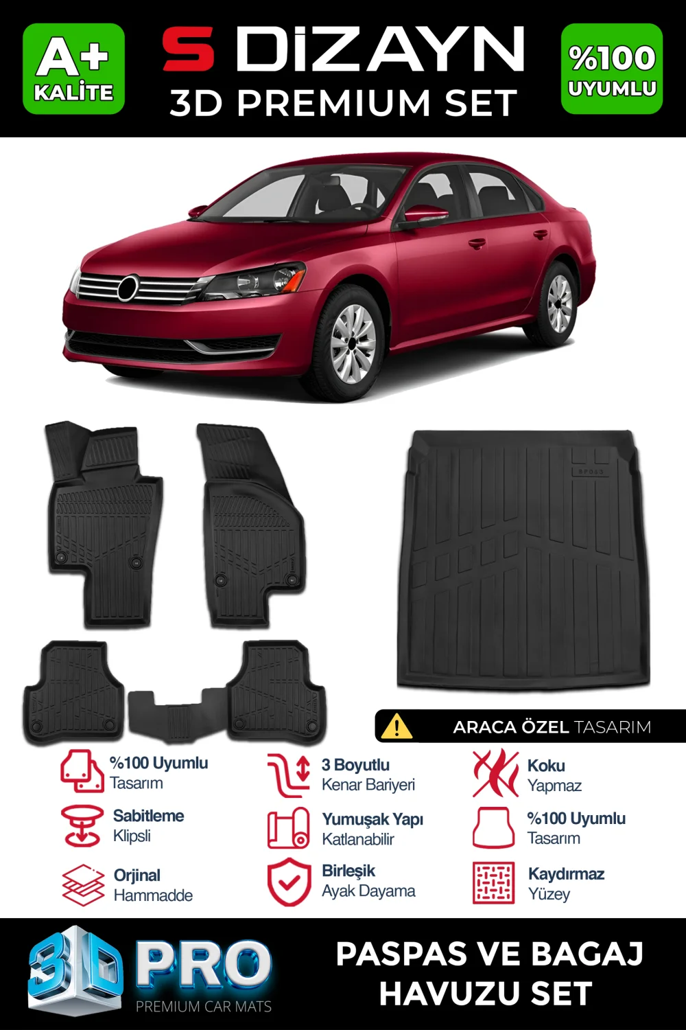 Drs Tuning VW Passat B7 3D Pro Havuzlu Paspas ve Bagaj Havuzu Seti (2'li SET) 2010-2014 A+ Kalite