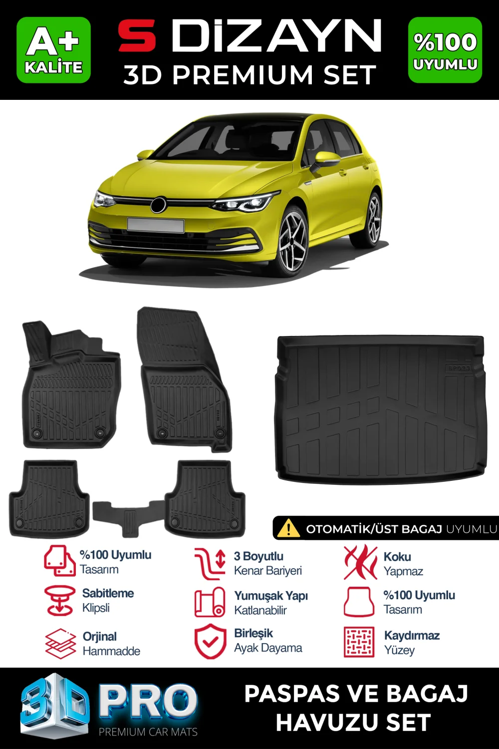 Drs Tuning VW Golf 8 Otomatik 3D Pro Havuzlu Paspas ve Üst Bagaj Havuzu Seti (2'li SET) 2020 Üzeri A+ Kalite