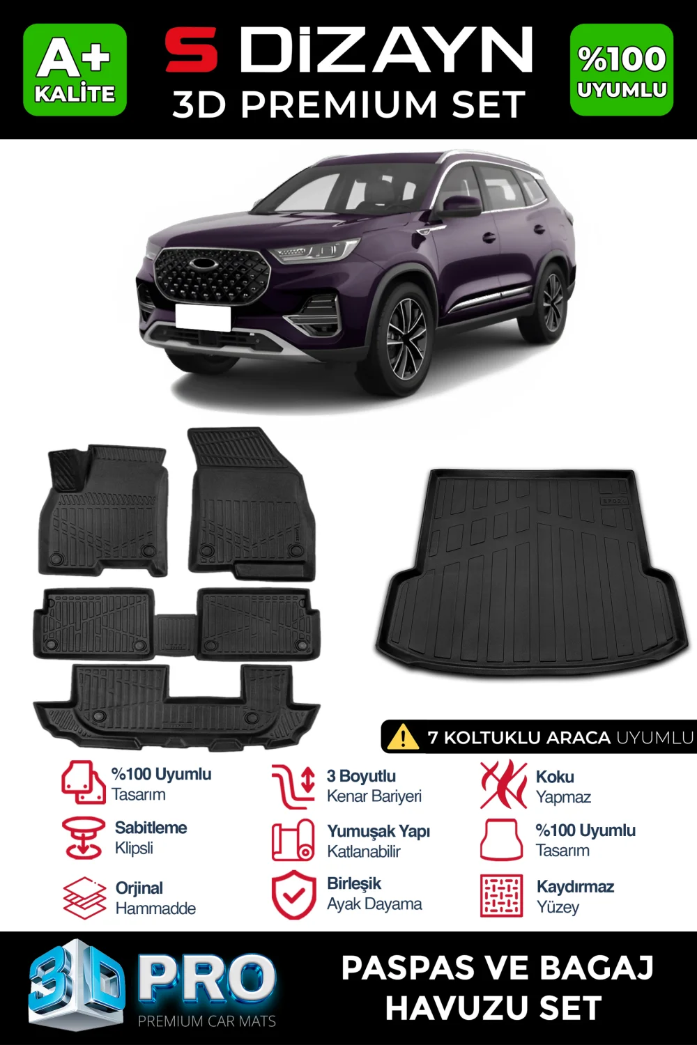 Drs Tuning Chery Tiggo 8 7 Koltuk 3D Pro Havuzlu Paspas ve Bagaj Havuzu Seti (2'li SET) 2022-2025 A+ Kalite