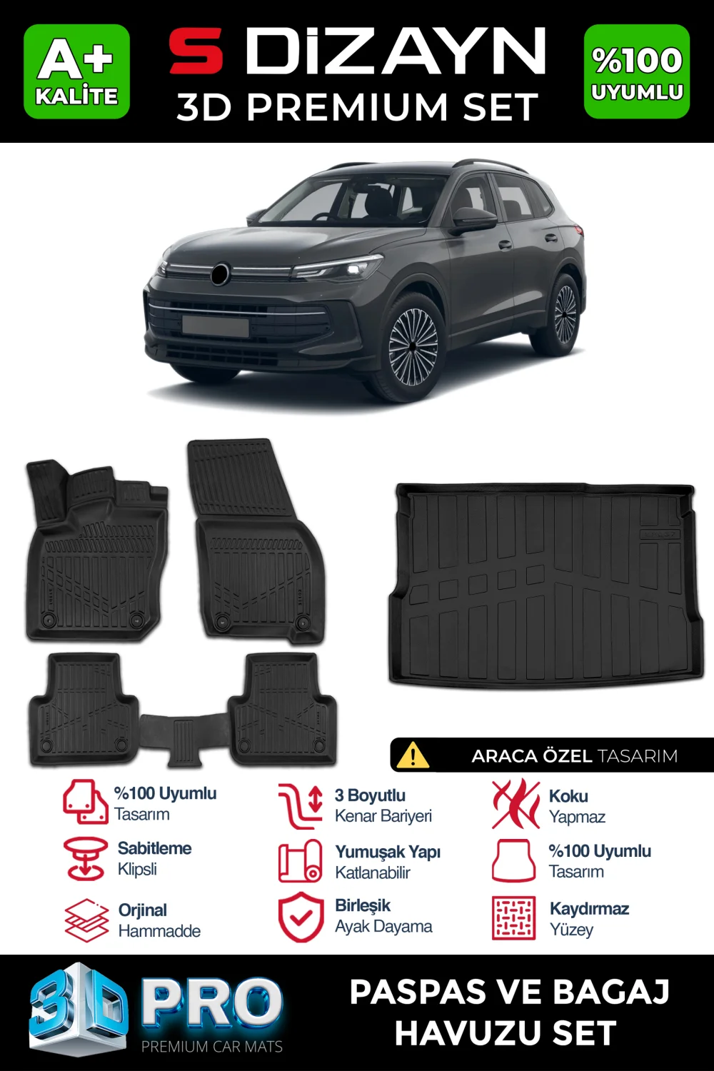 Drs Tuning VW Tiguan 3D Pro Havuzlu Paspas ve Bagaj Havuzu Seti (2'li SET) 2024 Üzeri A+ Kalite
