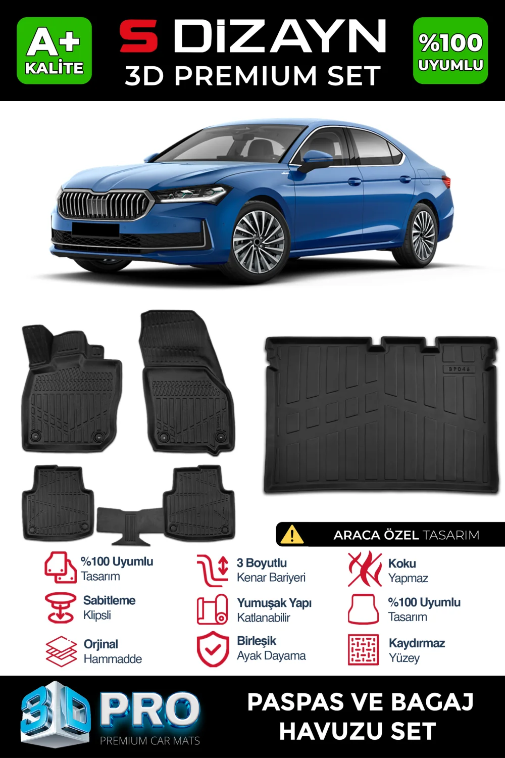 Drs Tuning Skoda SuperB 3D Pro Havuzlu Paspas ve Bagaj Havuzu Seti (2'li SET) 2024 Üzeri A+ Kalite