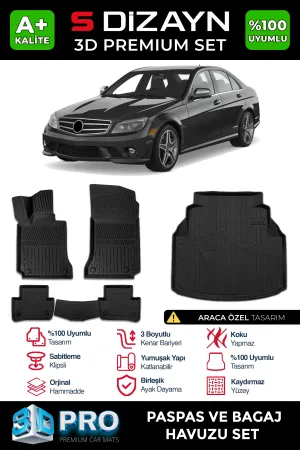 Drs Tuning Mercedes C Serisi W204 3D Pro Havuzlu Paspas Ve Bagaj Havuzu Seti (2'Li Set) 2007-2014 A+ Kalite