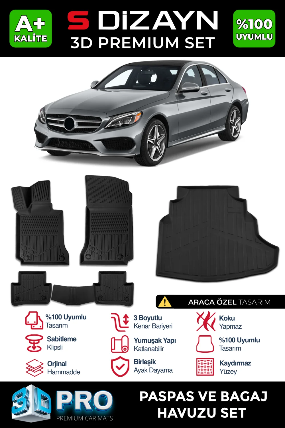 Drs Tuning Mercedes C Serisi W205 3D Pro Havuzlu Paspas ve Bagaj Havuzu Seti (2'li SET) 2014-2020 A+ Kalite