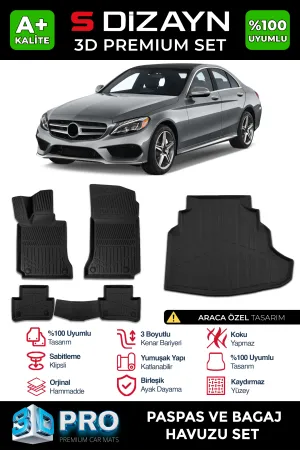 Drs Tuning Mercedes C Serisi W205 3D Pro Havuzlu Paspas Ve Bagaj Havuzu Seti (2'Li Set) 2014-2020 A+ Kalite
