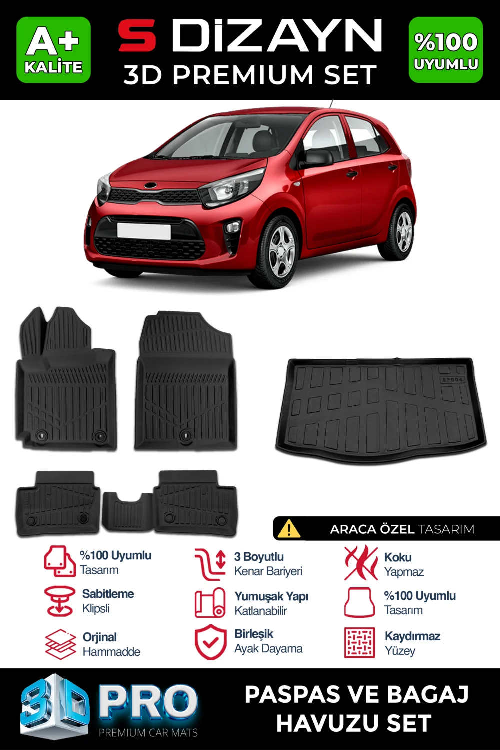 Drs Tuning Kia Picanto 3D Pro Havuzlu Paspas ve Bagaj Havuzu Seti (2'li SET) 2017 Üzeri A+ Kalite