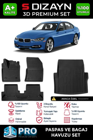 BMW 3 Serisi 2011-2019 (F30) uyumlu F30 3D Pro Havuzlu Paspas ve Bagaj Havuzu (2'li SET) 2012-2019 A+ Kalite modelleri DRS Tuning'de. Kaliteli malzeme, hızlı